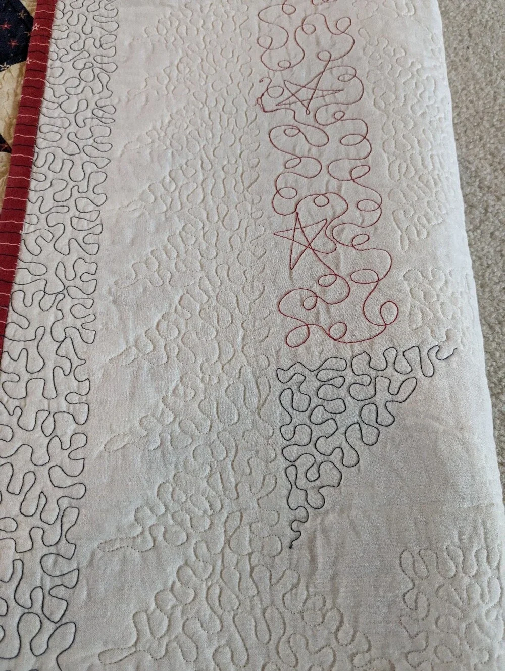 Patriotic Themed Quilt, Reds, Blues And Off-white Fabrics. Quilted And Signed